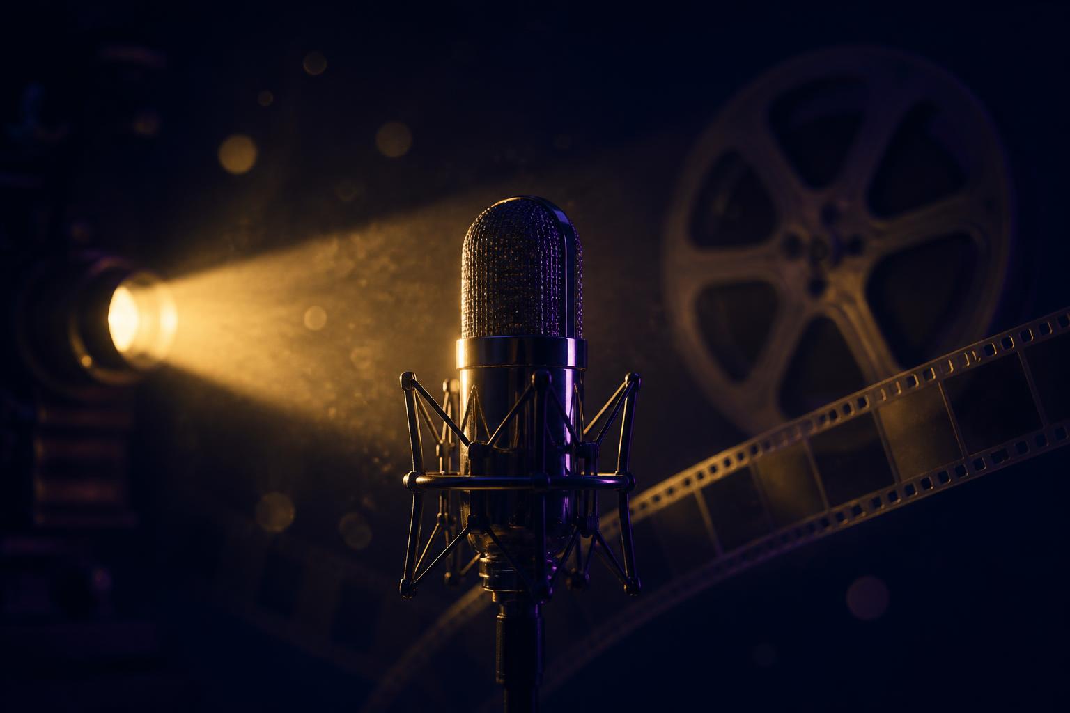 Vintage microphone crossed by a projector beam, with film reel and film strip in the background.